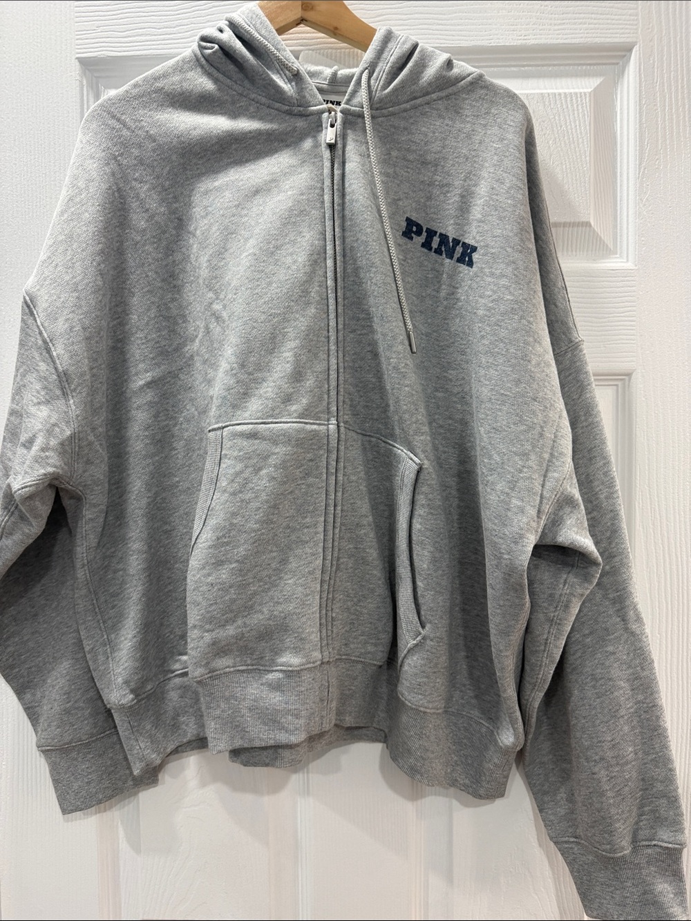 PINK Victoria's Secret Light Gray Full-Zip Hoodie with Navy Logo